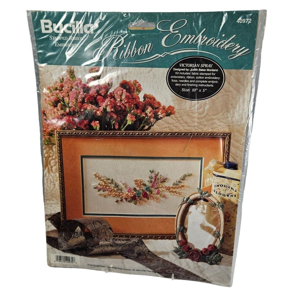 Bucilla Stamped Ribbon Embroidery Victorian Spray Flowers Floral Vintage Sealed
